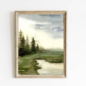 Paisaje forestal, cuadros en acuarela de la naturaleza, arte abstracto, carteles forestales, cuadros del salón, cuadros grandes en acuarela, impresión artística en acuarela, abetos
