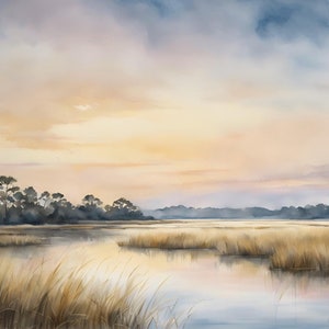 Sunset Marsh Painting Charleston Lowcountry Art Watercolor Art Print Salt Marsh Landscape Large Wall Art Beige Blue Poster