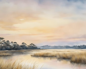 Sunset Marsh Painting Charleston Lowcountry Art Watercolor Art Print Salt Marsh Landscape Large Wall Art Beige Blue Poster