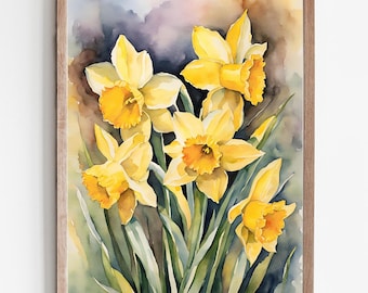 Spring Flowers Painting Daffodils Print Watercolor Landscape Easter Gift Spring Wall Decor Large Wall Art