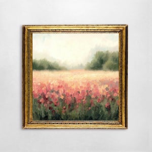 May include: A framed painting of a field of pink flowers with a hazy background of trees and a light blue sky.