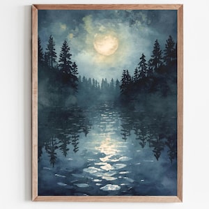 Fullmåne Skog Sjö Konst Poster Bilder Nattlandskap Månsken Akvarelltryck