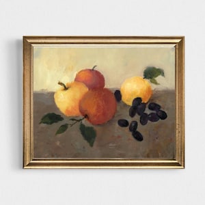Apple and Grape oil painting print Moody fruits wall art Farmhouse wall decor Kitchen art prints Yellow Red apples Still Life painting