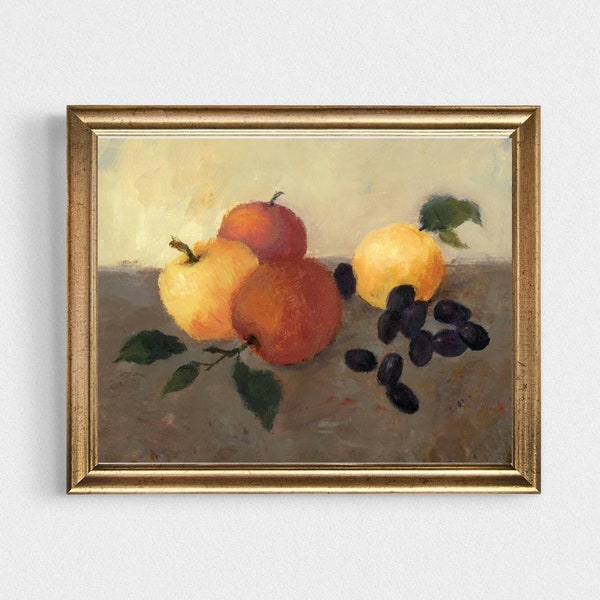 Pomme Récolte Huile Peinture Art Imprimer Fruits Peinture Photos Cuisine Maison de campagne Décoration Pommes jaunes et rouges et raisins Peinture Cuisines Art mural