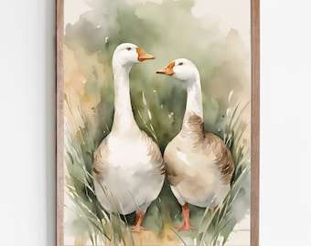 Goose couple painting farmhouse wall art geese watercolor art print rusic home decor geese prints large animal art