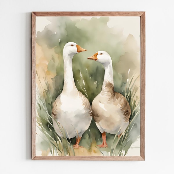 Goose couple painting farmhouse wall art geese watercolor art print rusic home decor geese prints large animal art