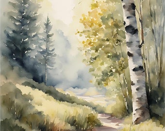 May include: A watercolour painting depicting a forest path winding through a copse of trees. The path is bordered by verdant grass and the trees are a blend of green and yellow hues. Sunlight streams through the trees, casting a warm and welcoming ambience.