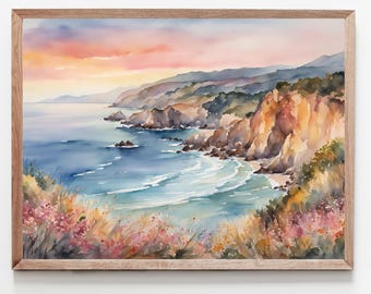 California Coast Painting Sunset Big Sur Art Print Watercolor Coastal Landscape Wildflowers Beach Wall Art Large Floral Seascape