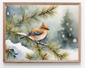 Winter Bird Painting Snow Pine Tree Art Print Snowy Scene Landscape Watercolor Tufted Titmouse Wisconsin Wall Art Christmas Wall Decor