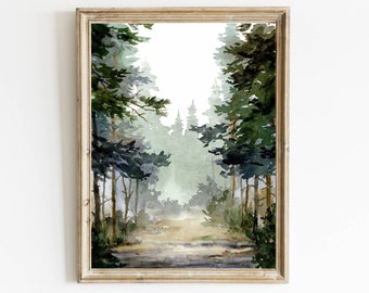 Forest road watercolor painting pine tree art prints forest walk wall art rustic home decor green beige wall art teal forest painting