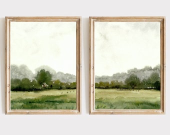 Panoramic landscape set of 2 prints waterolor painting green meadow and trees art neutral landscape large minimalist wall art misty field