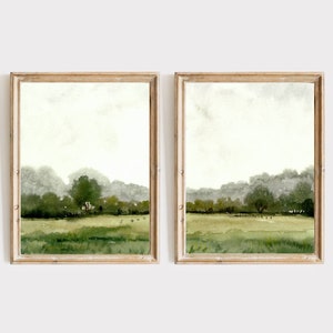 Panoramic landscape set of 2 prints waterolor painting green meadow and trees art neutral landscape large minimalist wall art misty field