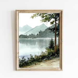 Forest road art print mountain lake watercolor painting pine tree wall art neutral landscape minimalist wall art teal forest art prints