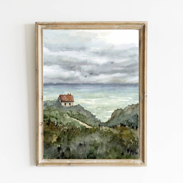 Sea house painting coastal landscape art print watercolor painting rain cloud wall art abstract sea painting wanderlust print