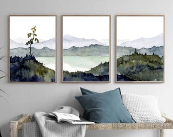 Large minimalist forest painting set of 3 prints mountain lake wall art panoramic landscape teal forest art pine tree print