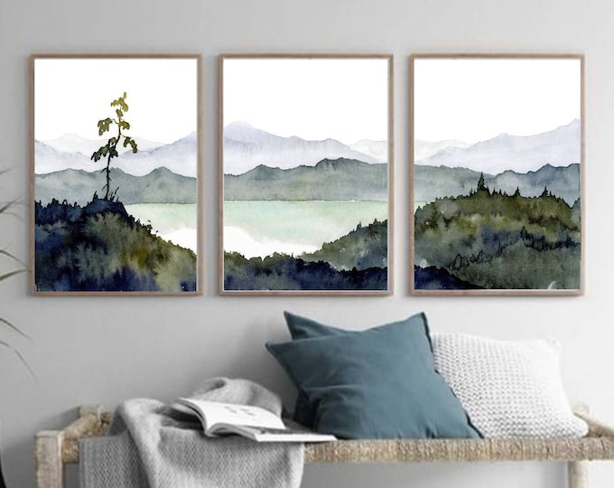 Large Minimalist Forest Painting Set of 3 Prints Mountain Lake Wall Art ...