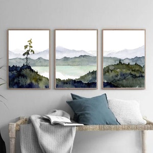 Large minimalist forest painting set of 3 prints mountain lake wall art panoramic landscape teal forest art pine tree print