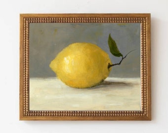 Lemon art print small oil painting prints kitchen wall art Still Life painting gray beige neutral wall decor minimalist fruit art prints