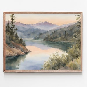 Sunset Lake Tahoe Painting Mountain Watercolor Art Print Pine Trees Wall Art Pine Forest Lake Artwork California Landscape