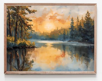 Sunset Forest Lake Painting Pine Tree Art Prints Michigan Landscape Woodland Wall Art Forest Cabin Decor