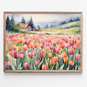 Tulipani campo paesaggio pittura stampa artistica immagini primavera acquerello foresta capanna fiori colorati immagini natura Pasqua acquerello immagini stampa poster