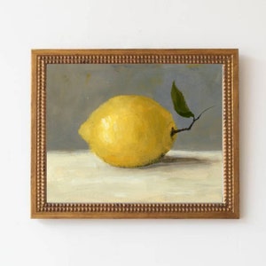 Lemon art print small oil painting prints kitchen wall art Still Life painting gray beige neutral wall decor minimalist fruit art prints