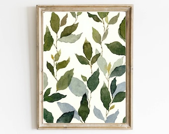 Blue green floral art print watercolor painting abstract leaves painting neutral botanical wall art farmhouse wall decor plant lover gift