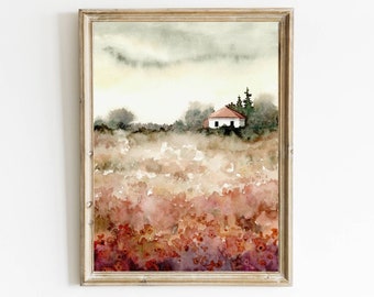 Flower meadow house print abstract landscape watercolor painting forest cabin wall art rustic home decor red orange farmhouse wall art