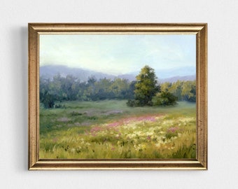 Oil painting landscape sunrise fields fine art print 8x10 12x16 print wildflowers painting purple flowers wall art meadow after sunset