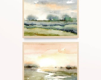 Set of 2 landscape prints abstract watercolor painting sunset riever print moody landscape art large abstract wall art wall decor