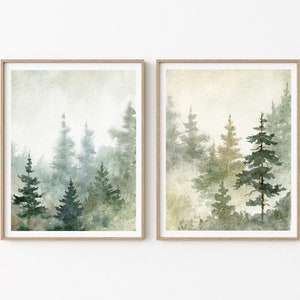 Set von 2 Bilder Wald abstrakte Landschaft Poster Set Berge Malerei Aquarellbilder Bilder Wohnzimmer blau beige grün Landhaus Deko