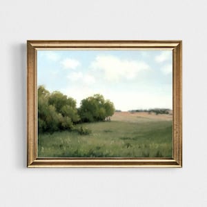 Oil painting landscape neutral green meadow wall art minimalist wall art panoramic landscape trees at the field