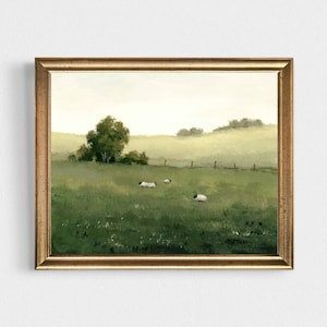 Oil painting landscape sheep in the field art print countryside painting farmhouse wall art minimalist wall art green hills