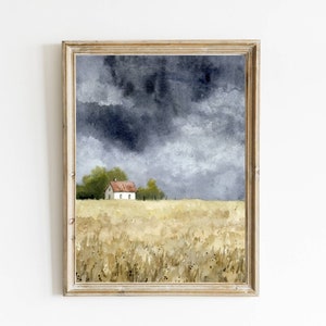 Wheat field house watercolor painting thunderstorm wall art countryside landscape large minimalist wall art indigo blue beige art prints