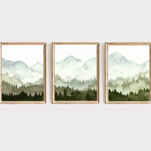 Mountain forest watercolor set of three prints extra large wall art neutral panoramic landscape mountain valley poster set