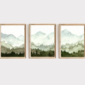 Aquarellbilder Wald Set von 3 Bilder Panorama Landschaft Berge Bilder Wohnzimmer Poster XXL Extra große Wandkunst nebeliger Wald blau grün