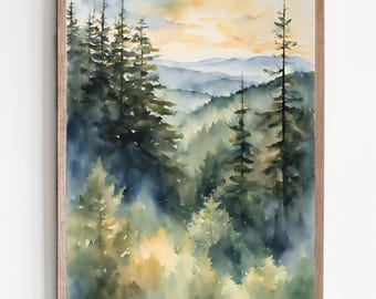 May include: Watercolor painting of a forest scene with tall pine trees in the foreground and a mountain range in the background. The sky is a soft yellow and orange, suggesting a sunset. The painting is framed in a light wood frame.