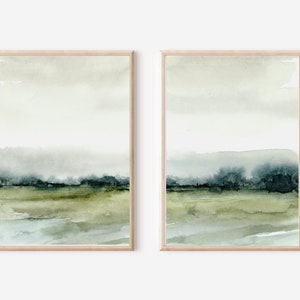 Poster Set von 2 Aquarell Landschaft abstrakte Kunst Bilder Wohnzimmer minimalistische Bilder Natur grün grau