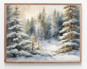 Sunrise Winter Forest Painting Snow Scene Watercolor Snowy Pine Tree Wall Art Christmas Artwork Idaho Landscape Art Print
