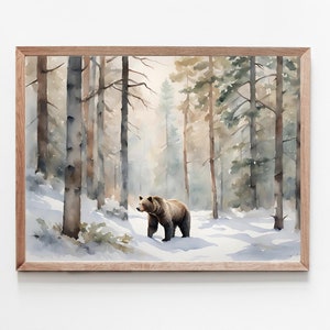 Imágenes bosque de invierno oso pardo pintura paisaje nevado decoración de invierno cartel de la habitación de los niños imágenes de acuarela animales del bosque arte moderno