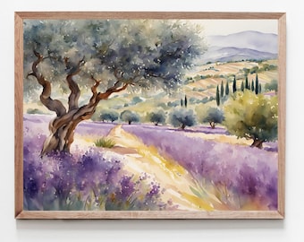ラベンダー畑のオリジナル水彩画、ラベンダーの風景画、プロヴァンスの