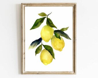 Lemon watercolor painting lemon tree print botanical wall art kitchen wall decor lemon branch poster modern farmhouse wall decor