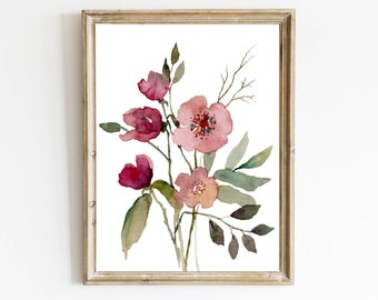 Fleurs Images Aquarelle Affiche murale Plantes Images Salon Rose Rose Vert Botanique Aquarelle Peintures Art abstrait