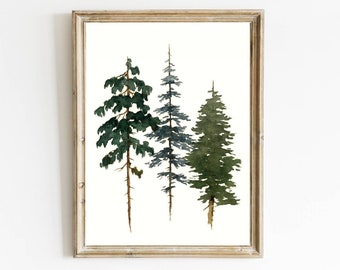 Pine tree wall art Evergreen tree print minimalist watercolor painting forest pine tree art lake house gift green brown wall decor