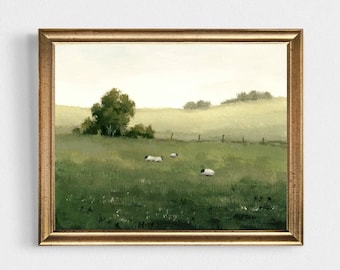 Oil painting landscape sheep in the field art print countryside painting farmhouse wall art minimalist wall art green hills