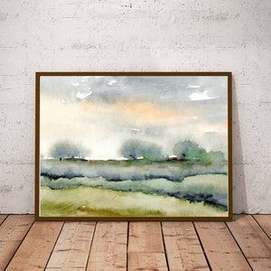 Watercolor landscape art print abstract painting blue green heels wall art panoramic landscape trees painting fine art print evening sky e image 7