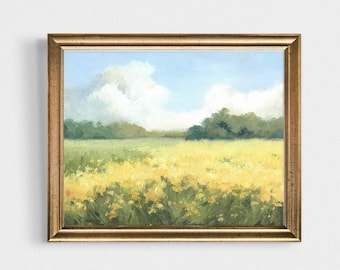 Small landscape oil painting meadow art print light blue sky yellow flowers wall art field flowers art cloud painting 8x10 oil painting