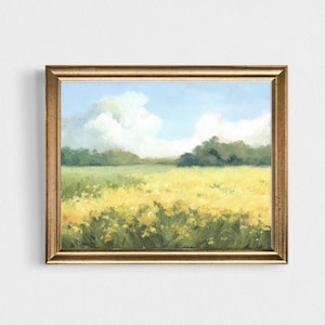 Small landscape oil painting meadow art print light blue sky yellow flowers wall art field flowers art cloud painting 8x10 oil painting