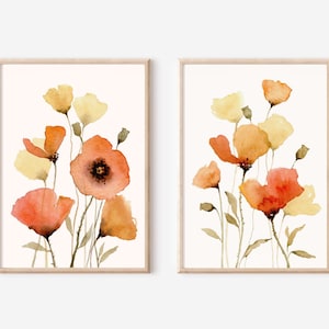 Wall art set of 2 poppies art prints Watercolor painting Wildflowers poster set California poppies large wall art boho wall decor