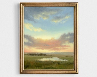 Oil painting sunset fine art print sunset field wall art small landscape cloud painting cloudy sky print countryside landscape